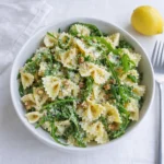 Lemon Arugula Pasta Salad in bright kitchen scene