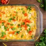 Mexican Chicken Casserole hot from the oven with fresh toppings
