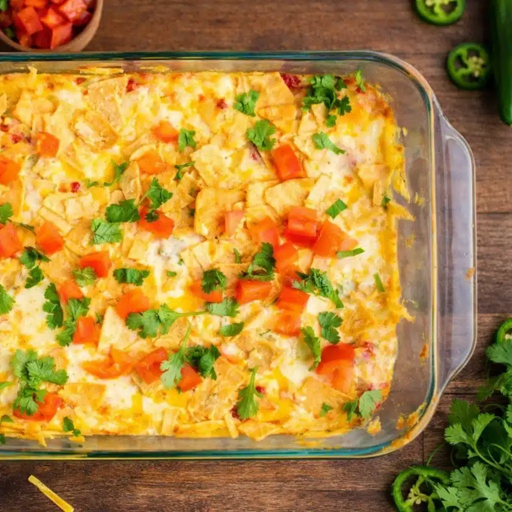 Mexican Chicken Casserole hot from the oven with fresh toppings