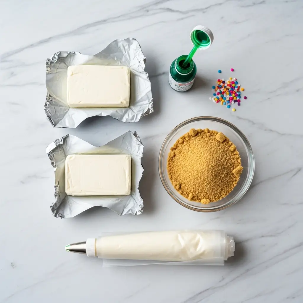 Ingredients for Mini St. Patrick’s Day Cheesecakes arranged on kitchen counter