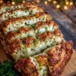 Parmesan Chicken Meatloaf sliced with melted cheese