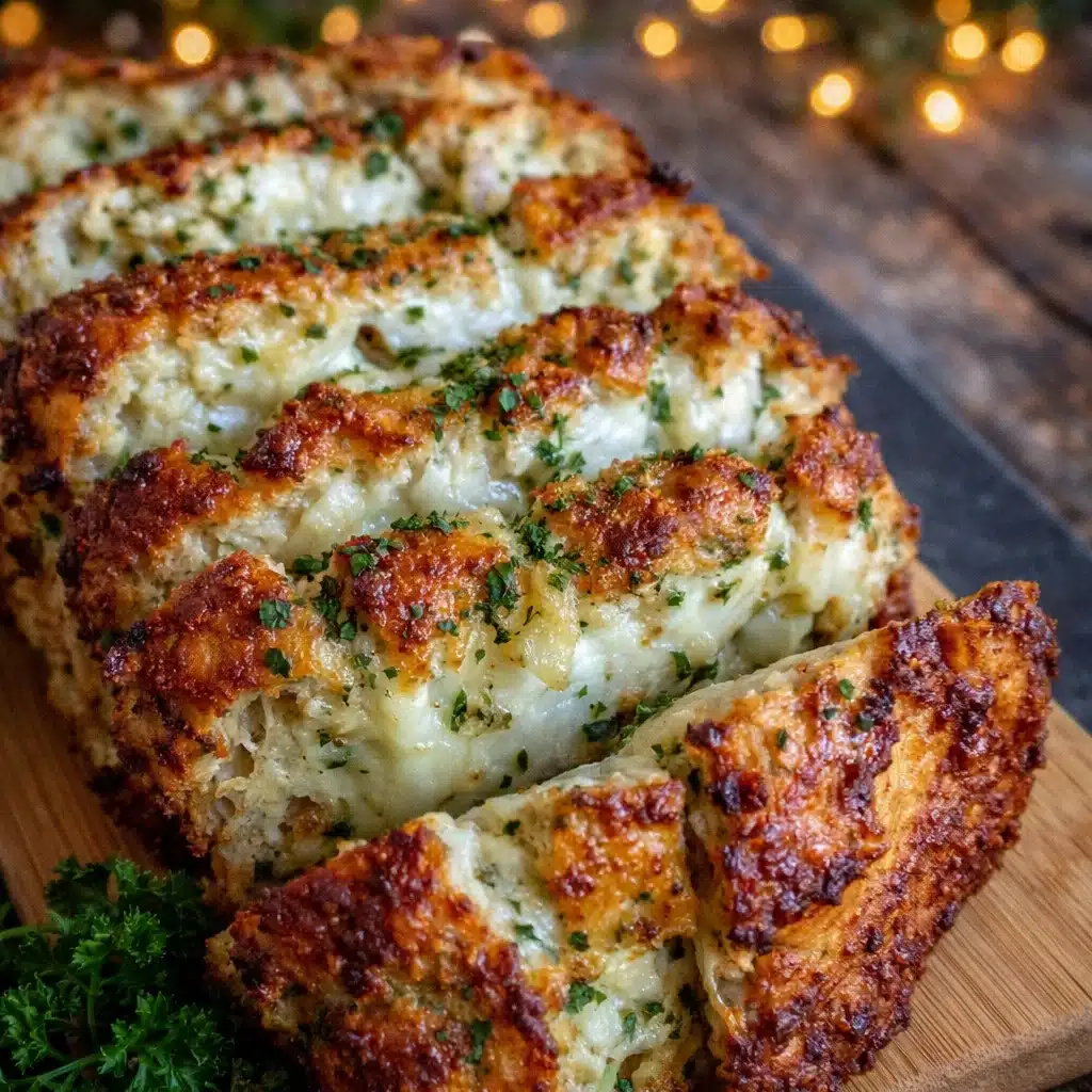 Parmesan Chicken Meatloaf sliced with melted cheese