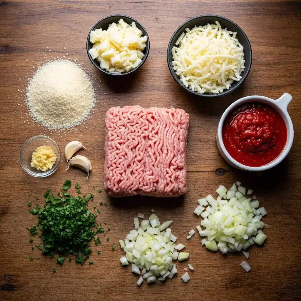 Parmesan Chicken Meatloaf ingredients flat lay