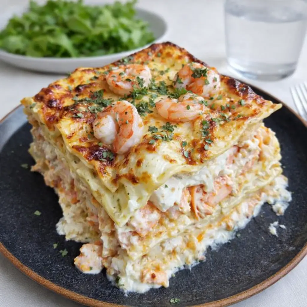 Shrimp Crab Lasagna bubbling golden with melted cheese