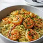 Shrimp Orzo in Lemon Garlic Sauce plated for dinner