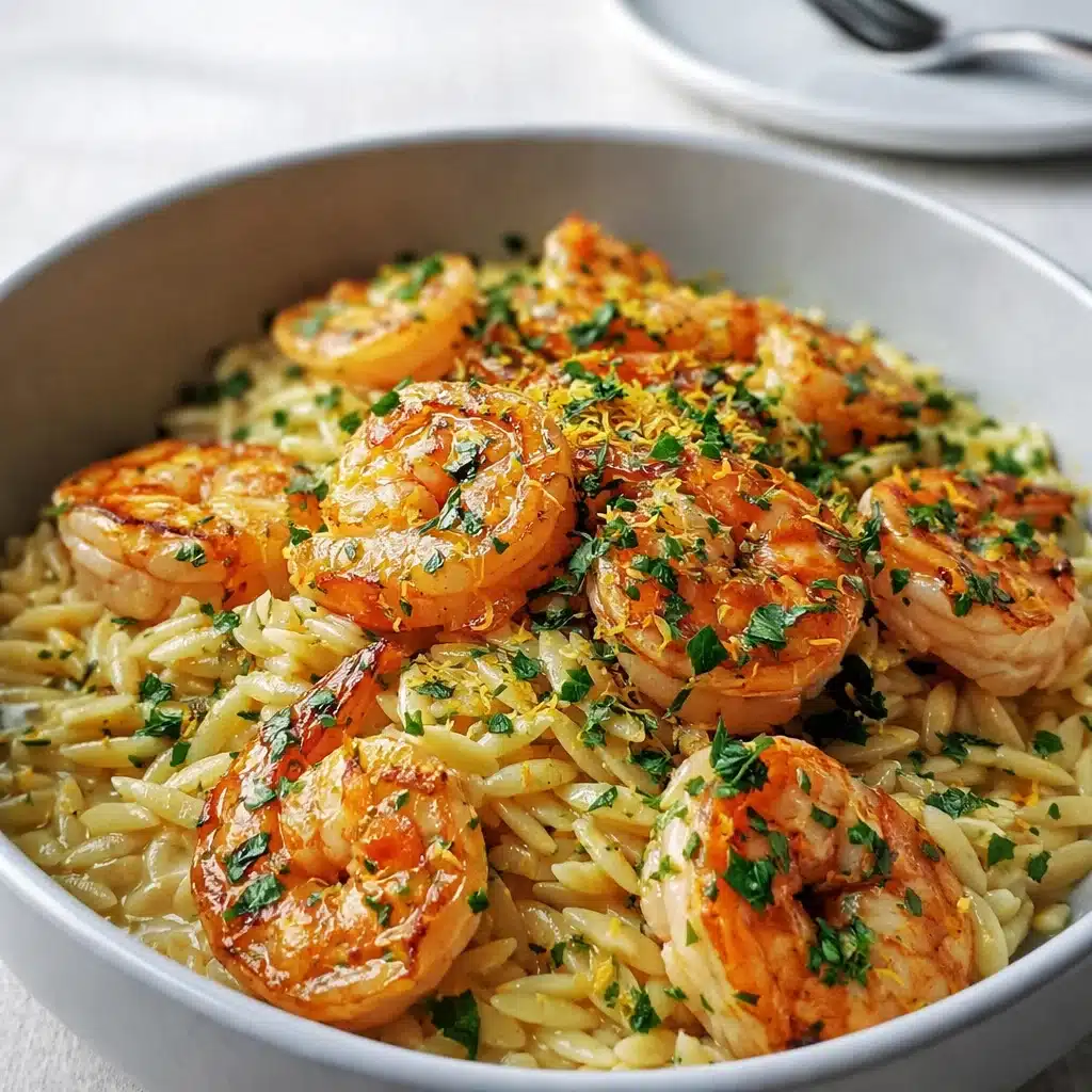 Shrimp Orzo in Lemon Garlic Sauce plated for dinner
