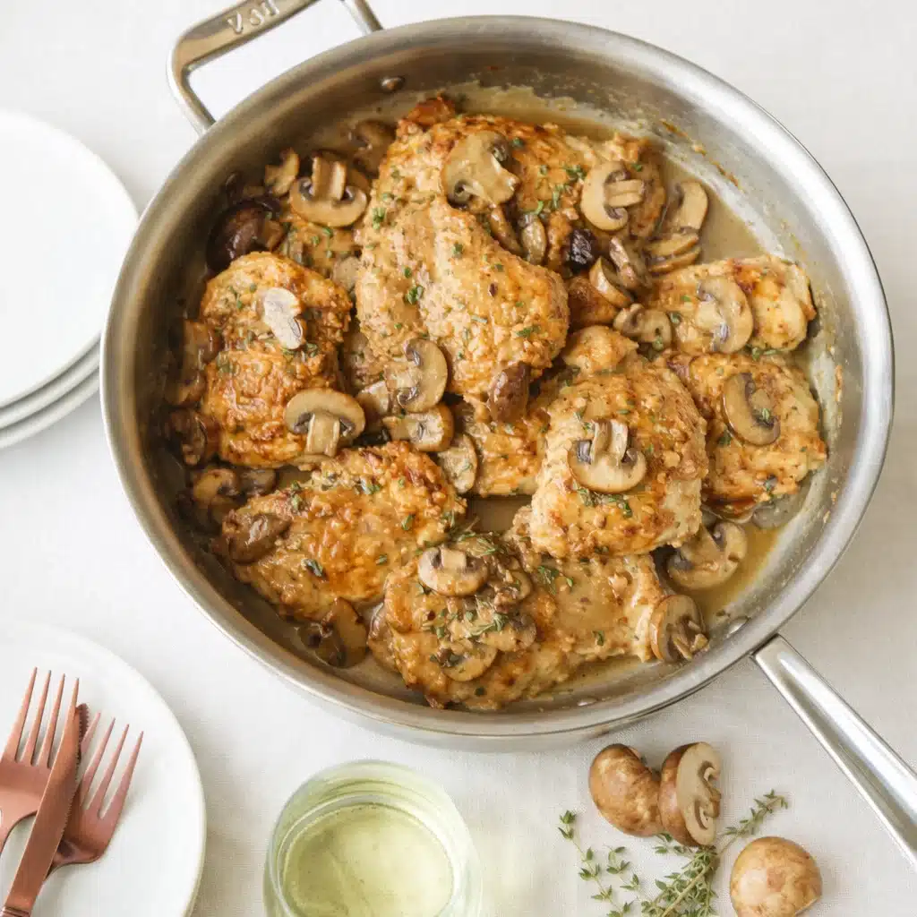 Skillet Mushroom Chicken Thighs in creamy mushroom sauce
