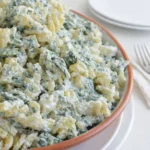 Spinach Dip Pasta Salad in rustic bowl with creamy dressing