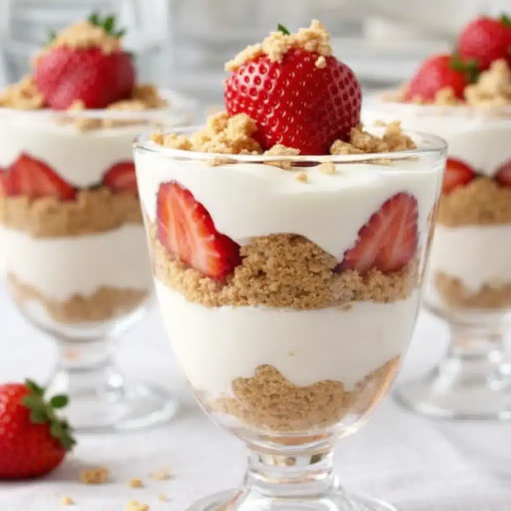 Strawberry Cheesecake Parfait Cups dessert layered with strawberries and cream cheese filling