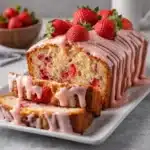 Strawberry Loaf Cake freshly baked with glaze