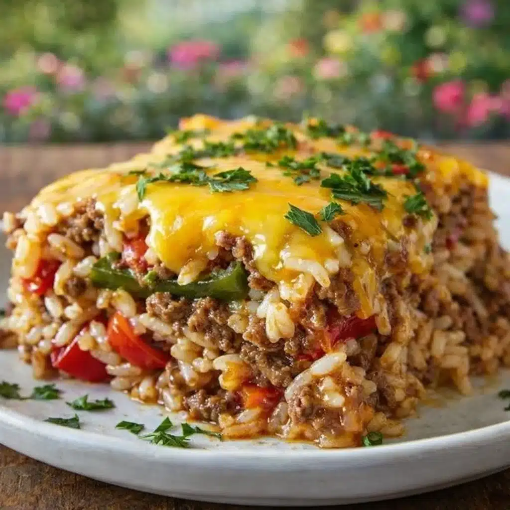 Stuffed Pepper Casserole with melted cheese and colorful bell peppers