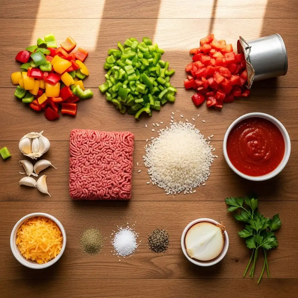 Ingredients for Stuffed Pepper Casserole on a kitchen table