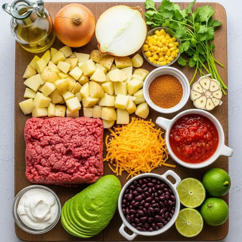 Taco Bowl Ingredients with Ground Beef and Potatoes