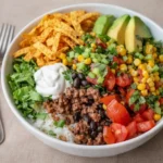 Taco Rice Bowl with seasoned beef and fresh toppings