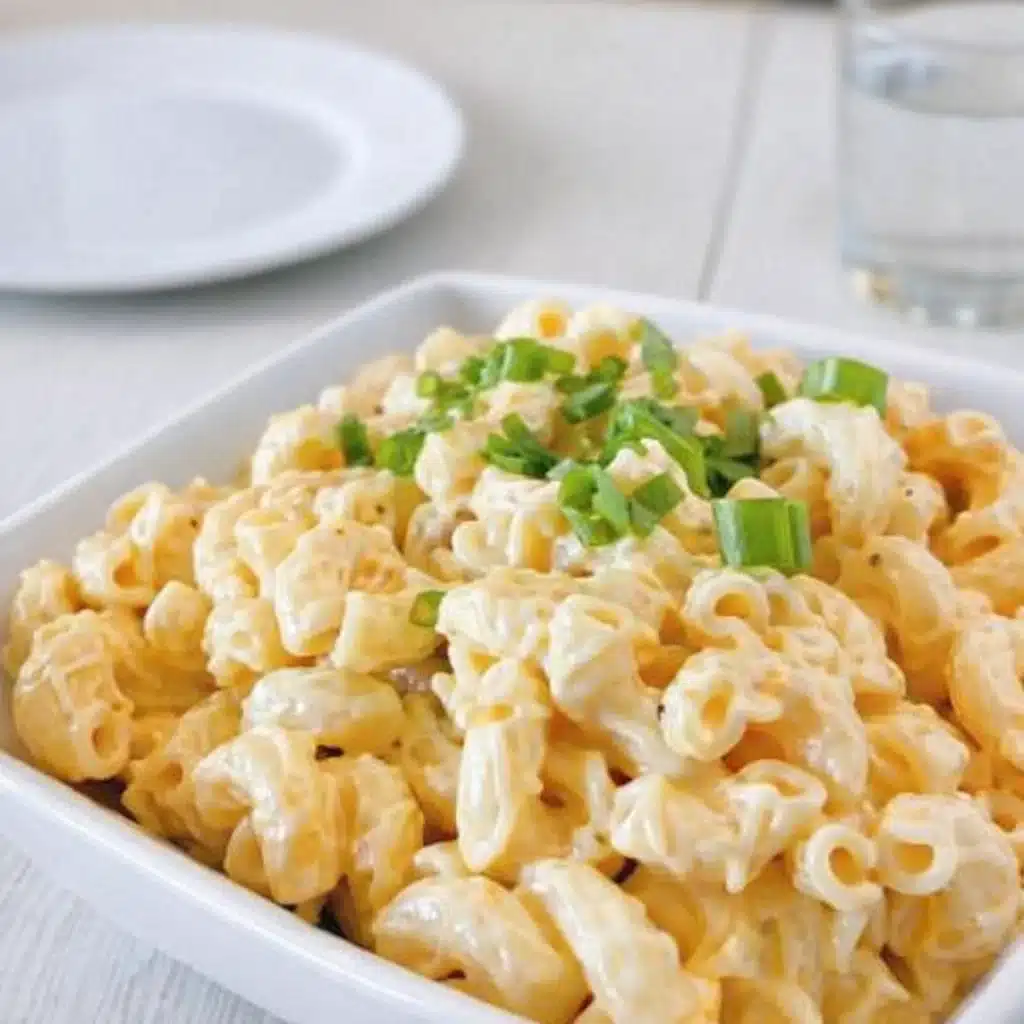 Traditional Hawaiian Macaroni Salad in a tropical kitchen