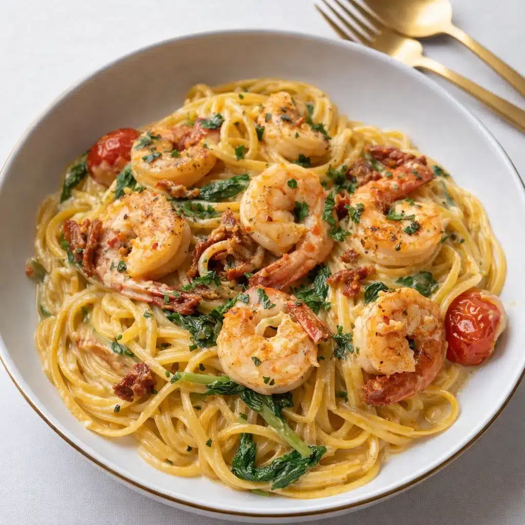 Tuscan Shrimp Pasta creamy garlic sauce