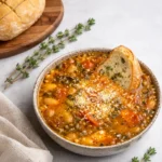 Winter Minestrone Soup in rustic bowl