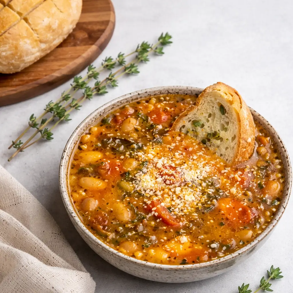 Winter Minestrone Soup in rustic bowl