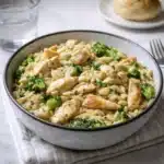 Cheesy Chicken Broccoli Orzo in skillet