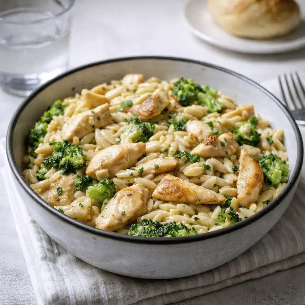 Cheesy Chicken Broccoli Orzo in skillet