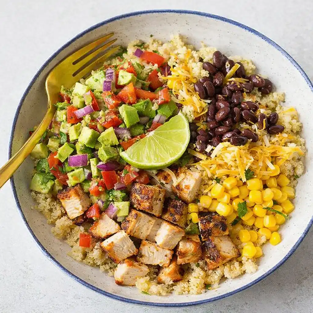 Grilled Chicken and Quinoa Burrito Bowls with Avocado Salsa