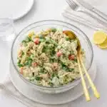 Healthy Tuna Pasta Salad with Peas in creamy Greek yogurt dressing