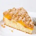 Peach Coffee Cake fresh from oven with cinnamon crumble