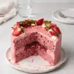 Small-batch vegan strawberry cake topped with fresh strawberries