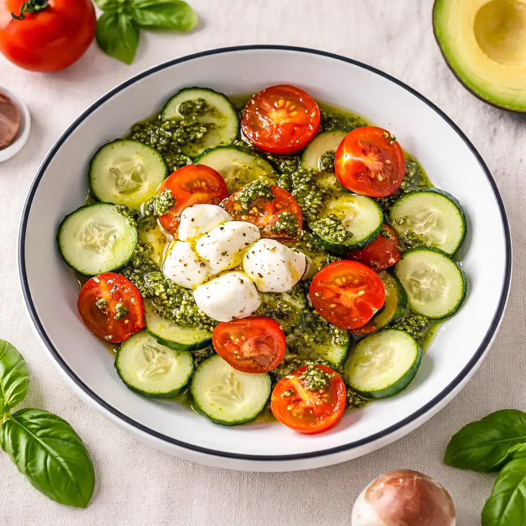 Tomato Cucumber Avocado Salad with Mozzarella and Basil Pesto