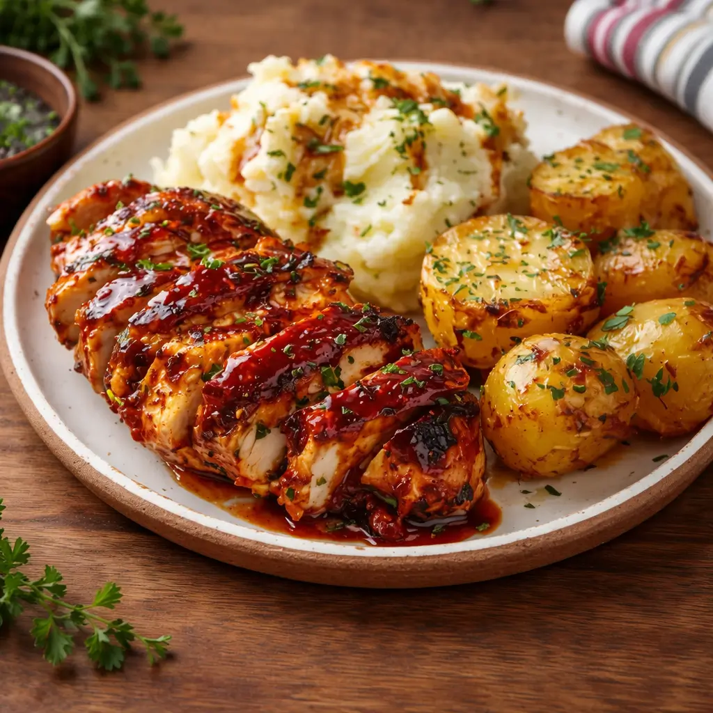 Honey BBQ Chicken with Creamy Garlic Parmesan Potatoes: Easy Dinner