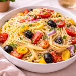 California Veggie Spaghetti Salad in a white bowl on a wooden table