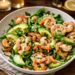 Citrus Shrimp and Avocado Salad in a white bowl on a wooden table