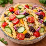A vibrant bowl of Colorful and Creamy Pasta Salad on a wooden table.