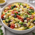 Creamy High Protein Pasta Salad in a white bowl on a wooden table.