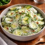 A bowl of creamy Cucumber Ranch Crack Salad with tomatoes and cheese.
