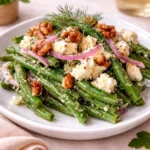 Fresh Green Bean and Feta Salad in a rustic bowl with tomatoes and feta