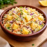 A vibrant bowl of Pineapple Slaw with fresh cabbage and tropical fruit.