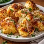 Golden Garlic-Parmesan Roasted Cauliflower florets in a white bowl.