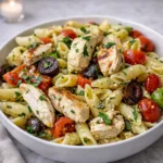 Mediterranean Chicken Pasta Salad in a ceramic bowl on a wooden table