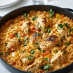 One Pot Queso Chicken and Rice in a skillet with melted cheese and cilantro