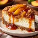 Peach Cobbler Cheesecake with golden crumble topping