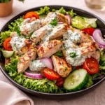 Refreshing Tzatziki Chicken Salad in a wooden bowl with fresh dill and lemon.