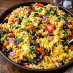 A vibrant bowl of Southwest Pasta Salad with rotini and fresh vegetables.