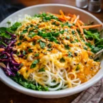 A vibrant Spring Roll Salad with Peanut Dressing in a white bowl on a wooden table.