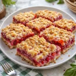 Freshly baked Strawberry Rhubarb Crumb Bars in a baking pan.