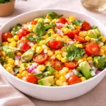 Summer Corn Salad with Avocado in a white bowl on a wooden table.