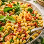 Sun-Dried Tomato Pasta Salad in a white ceramic bowl on a wooden table