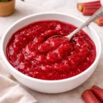 A jar of Sweet and Tangy Rhubarb Sauce on a wooden table.